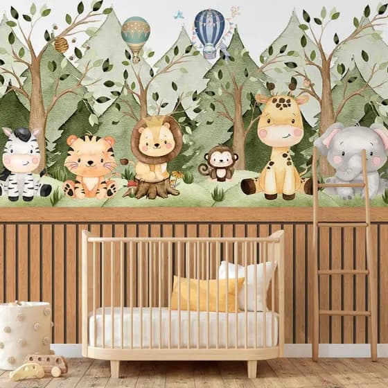 Papel De Parede Adesivo Infantil Safari Com Ripado Madeira