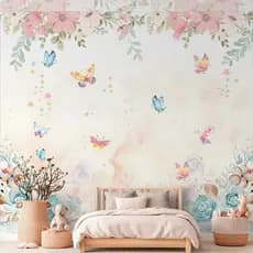 Papel De Parede Adesivo Floral Aquarelado Com Borboletas
