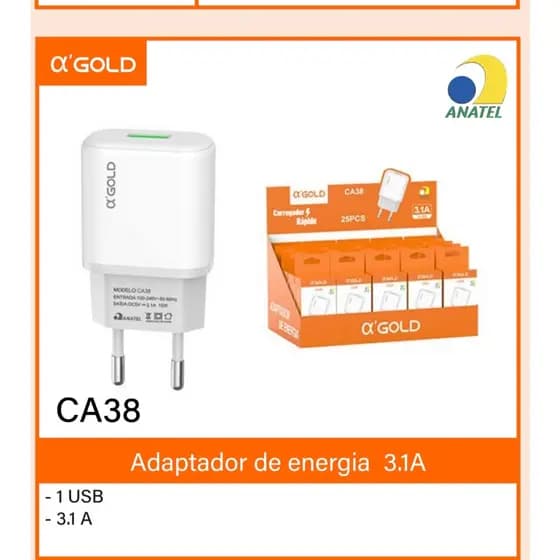 25 carregador rapido adpatador 3,1A 1USB MARCA A GOLD