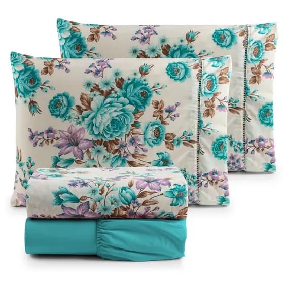 Jogo de Lençol Casal Queen 4 Peças Algodão Percal Estampado Floral Tiffany