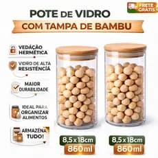 Kit 2 Potes De Vidro Mantimentos 860ml Com Tampa De Bambu