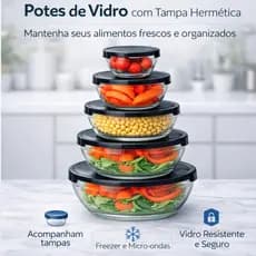 Potes de Vidro 5 Peças com Tampa Hermética Bowl Marmita Resistente Freezer Microondas Cozinha