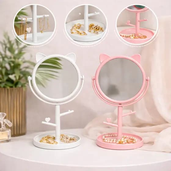 Mini Espelho de Mesa Formato Gatinha Penteadeira Porta Bijuteria