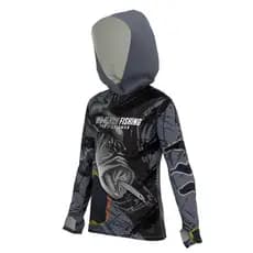 Camisa de Pesca Infantil UV50+ Tucunare Capuz Proteção Mar Negro