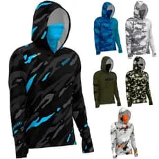 CAMISETA DE PESCA MASCULINA X PROTECT 360 PESCARIA PROTEÇÃO UV MAR NEGRO COM CAPUZ BUFF E LUVA
