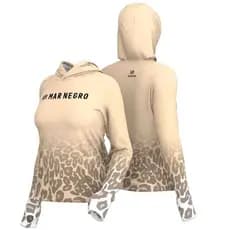 Camiseta de Pesca Feminina X Protection Sublimada Jaguar c Proteção UV e Capuz Mar Negro