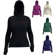 Camiseta de Pesca Feminina com Proteção UV Poliamida Estampada Mar Negro com Capuz