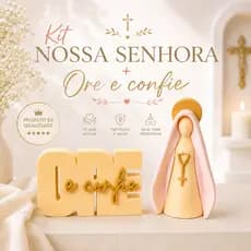 Kit Decorativo Cristão Nossa Senhora + Letreiro Ore e Confie | Presente Religioso Fé e Proteção