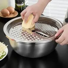 Tigela Inox 3 Em 1 Ralador Fatiador Escorredor Bacia Legumes Queijo Manual  26cm Cozinha Prática