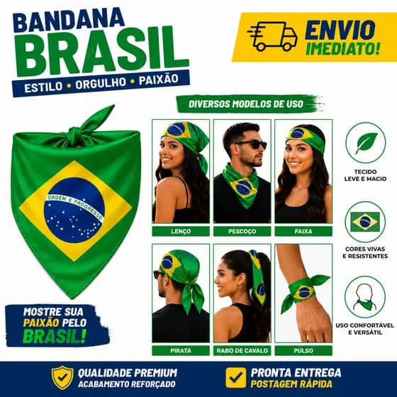 Lenço Bandana de Cetim Bandeira do Brasil Lenço Feminino Multiuso Copa 2026
