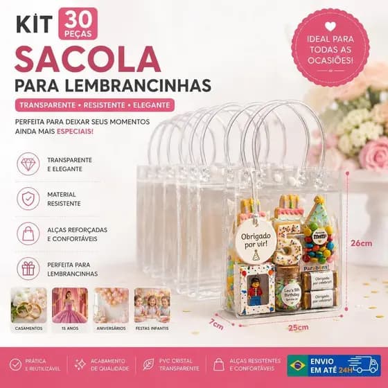 Sacola Lembrancinha Casamento Aniversário PVC Transparente com Alça e Botão 26x25