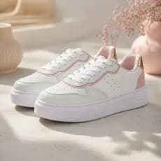 Tênis Feminino Casual Flatform Neutro Confortável Branco com Rosa Soft Mães Sofisticação Recortes