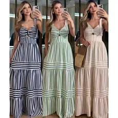 Vestido Longo Listrado Feminino Moda Casual 2026 Tendência