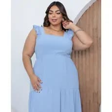 Vestido longo plus size, com alça, babado três marias, latex nas costas, moda femenina, elegância, versátil, tecido duna