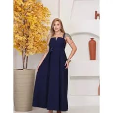Vestido Longo Feminino Elegante Festa Acinturado com Cinto Alça Larga Azul/Marsala