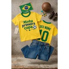 CAMISA INFANTIL MINHA PRIMEIRA COPA DO MUNDO 2026 TORCIDA BRASIL EM ALGODÃO NOME NAS COSTAS PERSONALIZADA INFANTIL