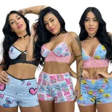 3 Baby Doll Estampado Renda Personagem Stiich Pijama Dormir Short Cropped 603