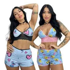 2 Baby Doll Feminino Estampado Renda Personagem Stiich Pijama Dormir Short Cropped 603