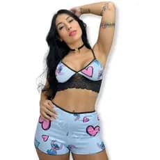 Short Doll Estampado Curto Pijama de Dormir Feminino Personagem Sem Bojo Croped Renda Stitch 603