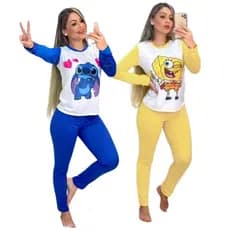 Kit 2 Pijama Personagens Longo Feminino Manga Comprida Longa Dormir Confortável Blusa Calça Inverno