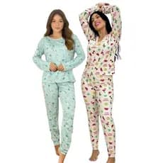 2 Pijama Feminino Longo Inverno Estampado Manga Comprida Adulto Frio Dormir Suede Conjunto 222