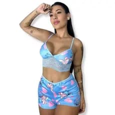 Pijama de Dormir Estampado Short Dol Curto Feminino Personagem Sem Bojo com Alça 603