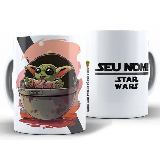 Caneca Baby Yoda Personalizada Com Nome + Caixa Xícara 325ML Cerâmica