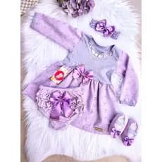 Vestido Bebe Kit 4 Peças Sapatinho Calcinha Tiara Manga Longa Curta Renda Roupa Bebe Festa Ensaio