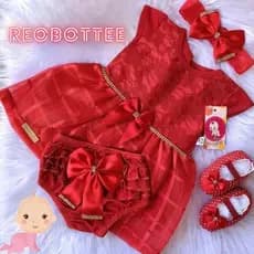 Vestido Bebê Menina 4 Peças Sapato Calcinha Tapa Fralda Laço Roupa Batizado Luxo Mesversario Verão