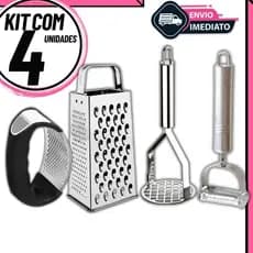 Kit 4 Utensílios de Cozinha Amassador de Batata e Alho Descascador de Legumes e Ralador Inox