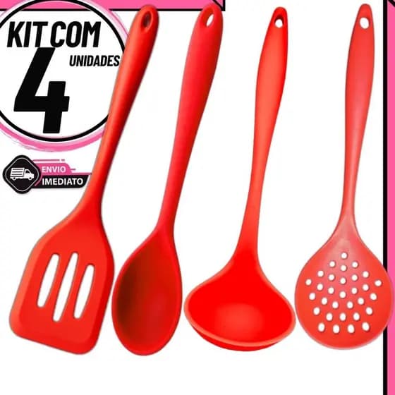 Kit 4 Utensílios de Cozinha Silicone – Concha, Espátula Vazada, Colher e Escumadeira