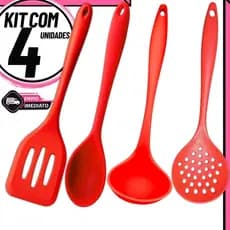 Kit 4 Utensílios de Cozinha Silicone – Concha, Espátula Vazada, Colher e Escumadeira