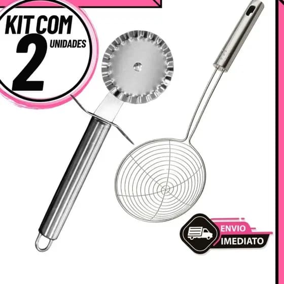 Kit 2 Escumadeiras De Fritura + Carretilha de Fechar Pastel | Utensílios Cozinha em Aço Inoxidável