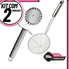 Kit 2 Escumadeiras De Fritura + Carretilha de Fechar Pastel | Utensílios Cozinha em Aço Inoxidável