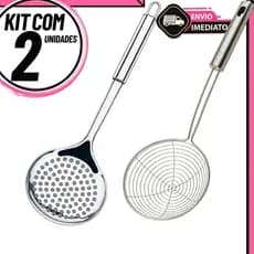 Kit 2 Escumadeiras Inox Cozinha + Fritura Aço Inoxidável Aramada Resistente