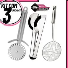 Pegador Inox + Escumadeira Fritura + Cortador de Pastel | Kit Utensílios Cozinha