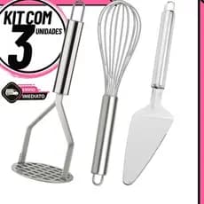 Kit Cozinha 3 Peças: Amassador de Batatas Inox + Fouet + Espátula de Bolo Utensílios Domésticos