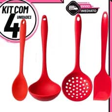 Kit 4 Utensílios de Silicone Antiaderente: Concha, Escumadeira, Colher e Espátula Pão Duro