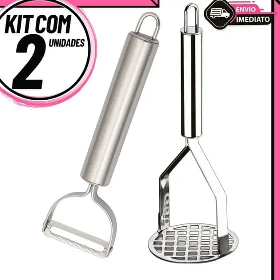 Kit Amassador de Batata e Descascador de Legumes Inox Utensílios de Cozinha