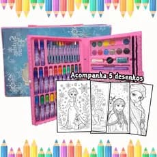 Estojo Maleta Pintura Infantil Frozen Canetinhas Tinta Lápis Cores 86 peças + Desenhos Para Colorir
