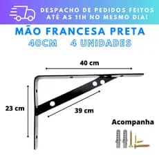 Kit 4 Mão Francesa Preta Prateleira 40cm + Parafusos e Buchas