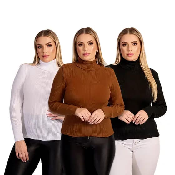 Kit 3 Blusa Cacharrel Segunda Pele Canelado Tricot Tricô