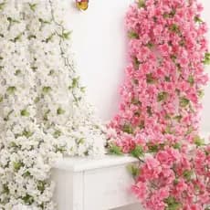 Kit Corrente Flor Cerejeira Cheia 140 Flores 180cm Trepadeira Folhagem Artificial 180cm Rosa Branca Festa Casamento