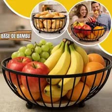 Fruteira de Mesa Aramada Com Base de Bambu Cesto de Frutas Preta Moderna Luxo Redondo Grande para Cozinha e Decoração