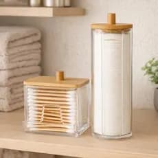 Organizador Disco Algodão E Porta Cotonetes Acrílico Tampa Bambu Kit Com 1/2 e 3