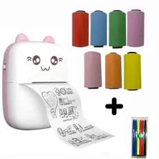 Impressora Térmica Gatinho + 7 Rolos de Etiqueta Colorida Contínua Portátil Bluetooth