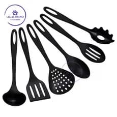 Kit Jogo de Utensílios Cozinha 6 Peças Nylon Preto Escumadeira Concha