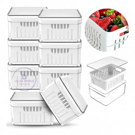 Kit 8 Potes Organizador Geladeira Acrílico com Tampa e Cesto Lavagem 1,36L Verduras Frutas Vegetais
