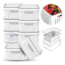 Kit 8 Potes Organizador Geladeira Acrílico com Tampa e Cesto Lavagem 1,36L Verduras Frutas Vegetais