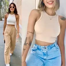 Cropped Regata Ribana Canelado Feminino Básico Com Elastano em Algodão Tendência Moda Blogueirinha Blusa  Lisa Basica